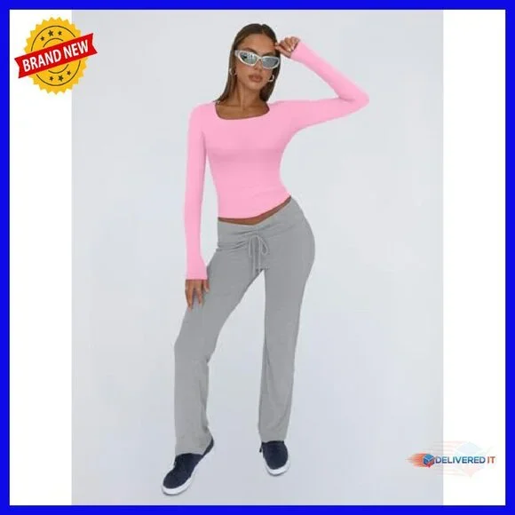 Long Sleeve Crop Top Y2K Square Neck Stretchy Tee Fall Fashion - Picture 6 of 8